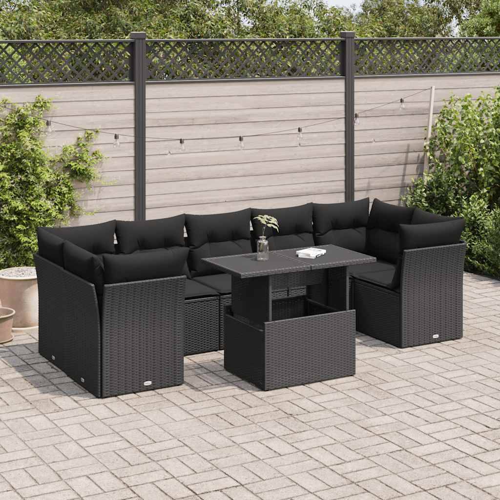 vidaXL 8-tlg. Garten-Sofagarnitur mit Kissen Schwarz Poly Rattan