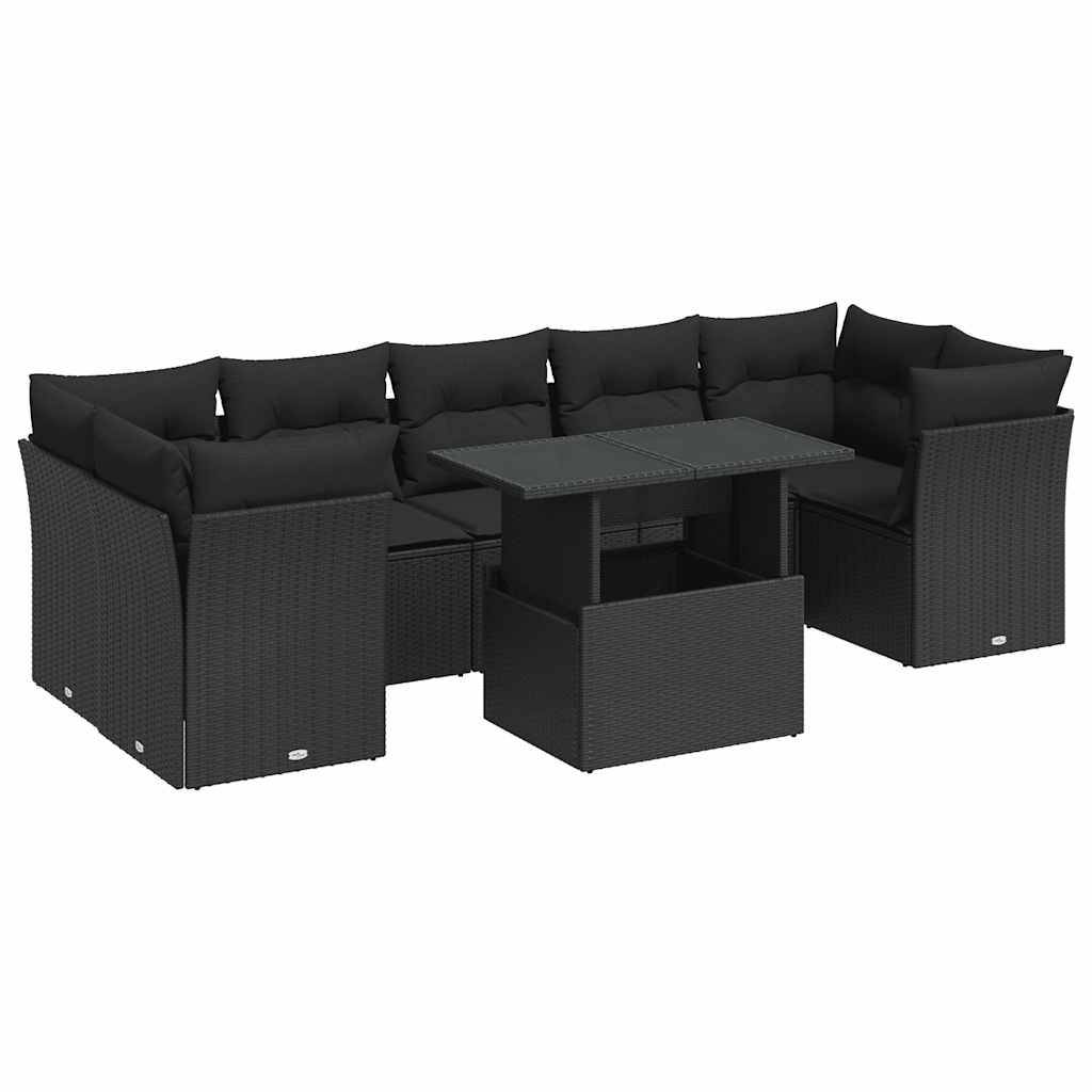 vidaXL 8-tlg. Garten-Sofagarnitur mit Kissen Schwarz Poly Rattan