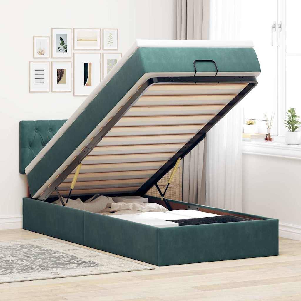 vidaXL Ottoman-Bett mit Matratze & LEDs Dunkelgrün 100x200 cm Samt