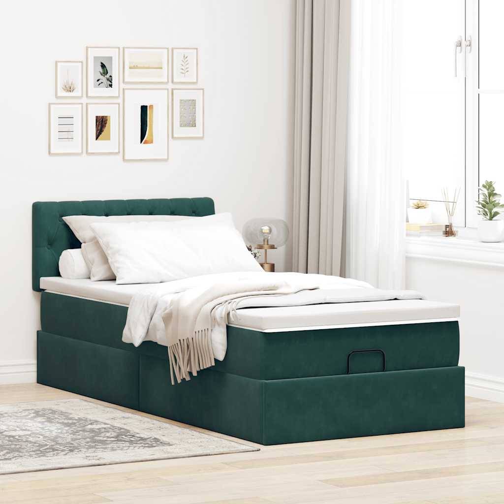 vidaXL Ottoman-Bett mit Matratze & LEDs Dunkelgrün 90x190 cm Samt