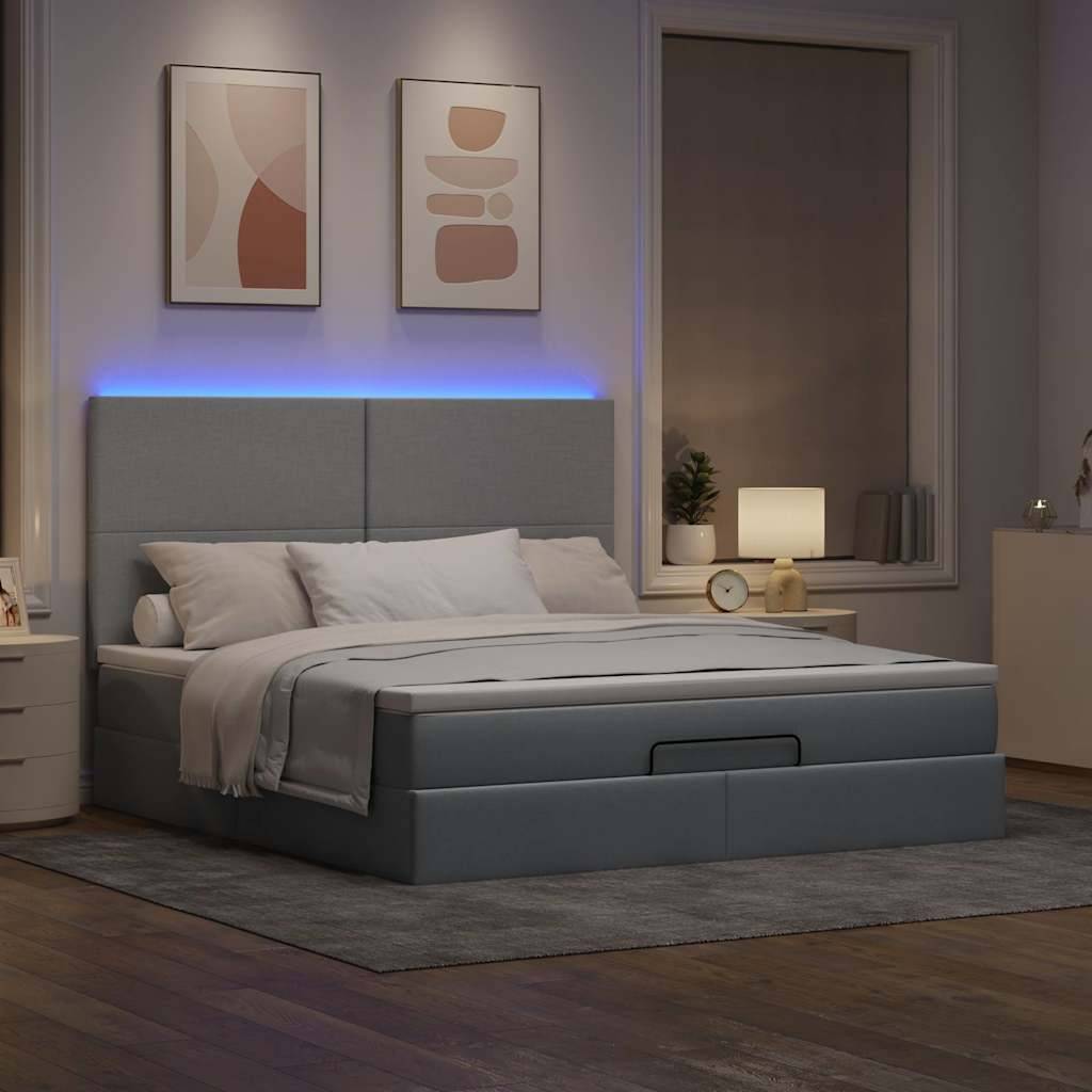 vidaXL Ottoman-Bett mit Matratze & LEDs Hellgrau 180x200 cm Stoff