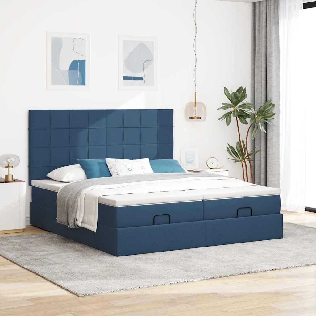 vidaXL Ottoman-Bett mit Matratzen & LEDs Blau 200x200 cm Stoff