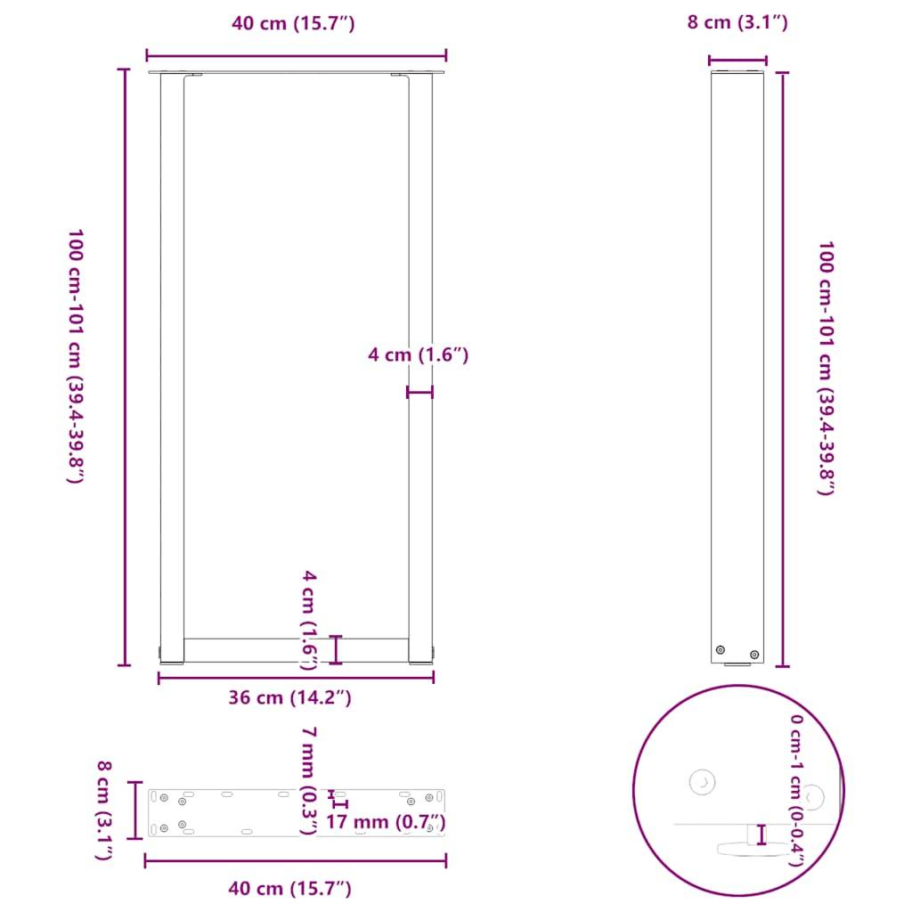 vidaXL Bartischbeine U-Form 2 Stk. Anthrazit 40x(100-101) cm Stahl