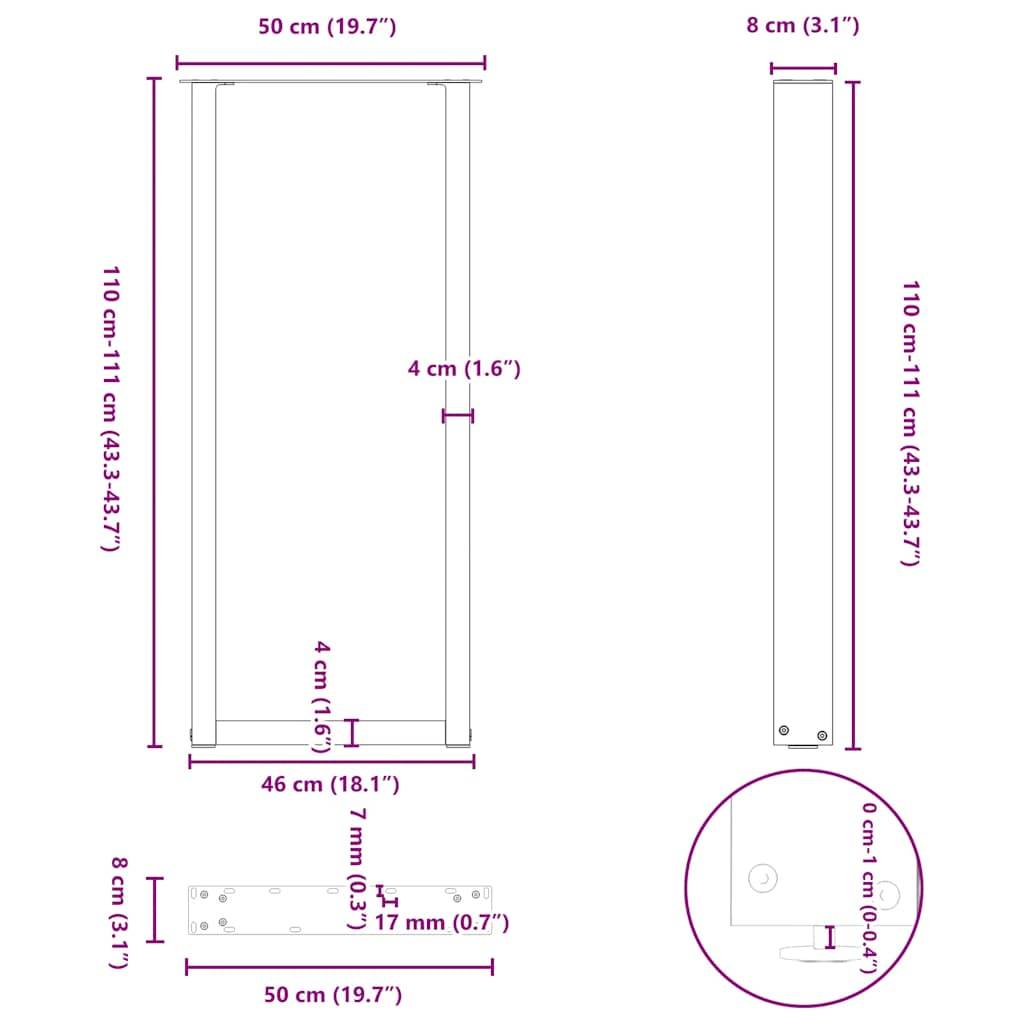 vidaXL Bartischbeine U-Form 2 Stk. Weiß 50x(110-111) cm Stahl