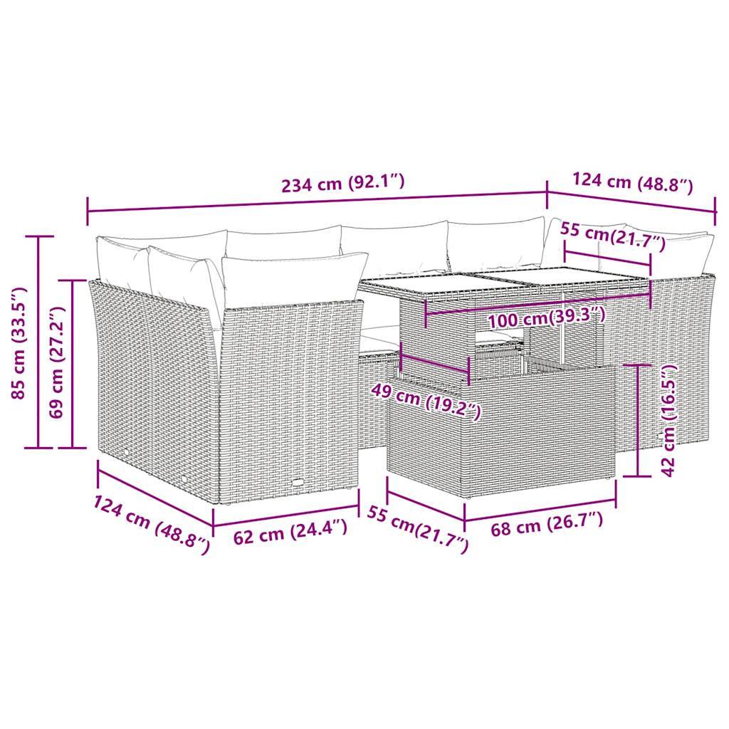 vidaXL 7-tlg. Garten-Sofagarnitur mit Kissen Schwarz Poly Rattan