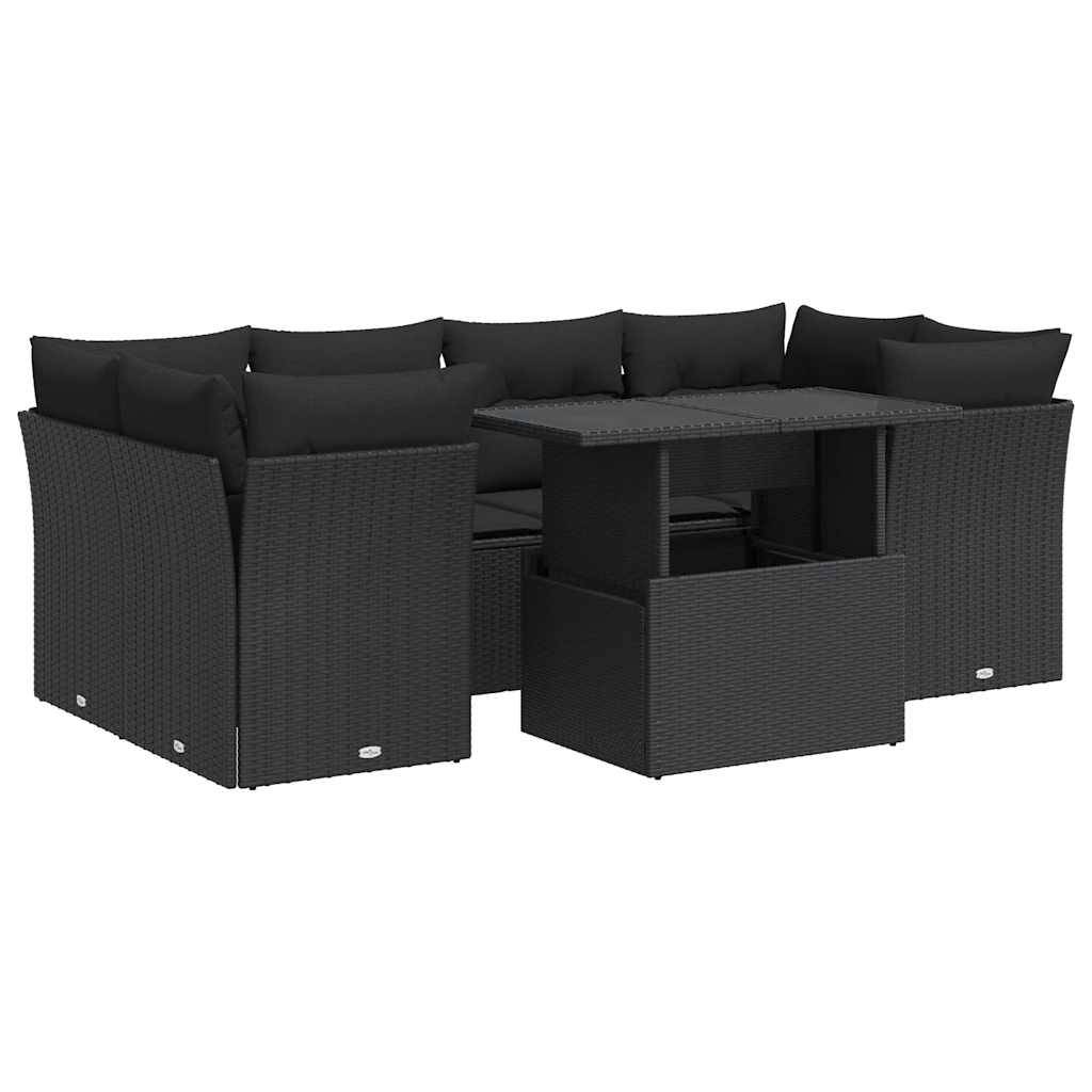 vidaXL 7-tlg. Garten-Sofagarnitur mit Kissen Schwarz Poly Rattan
