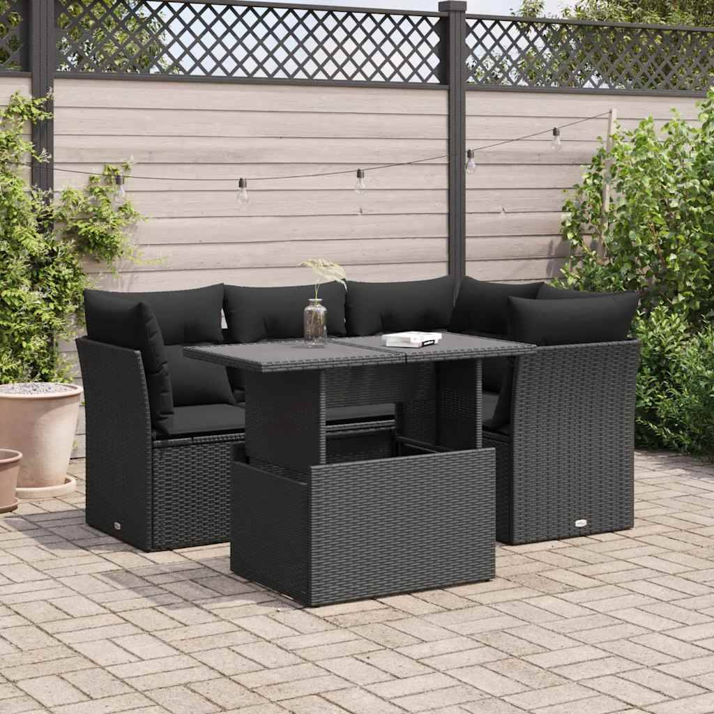 vidaXL 5-tlg. Garten-Sofagarnitur mit Kissen Schwarz Poly Rattan