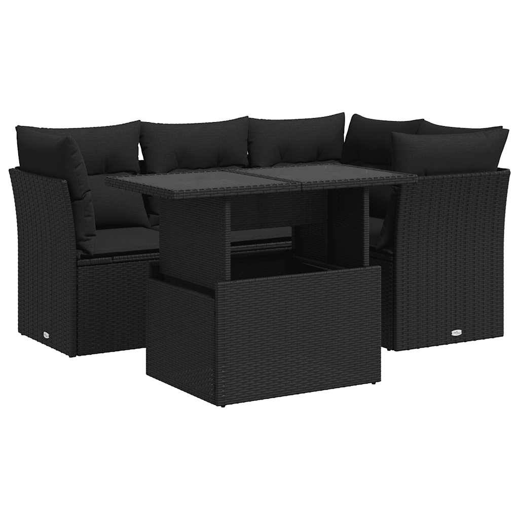 vidaXL 5-tlg. Garten-Sofagarnitur mit Kissen Schwarz Poly Rattan