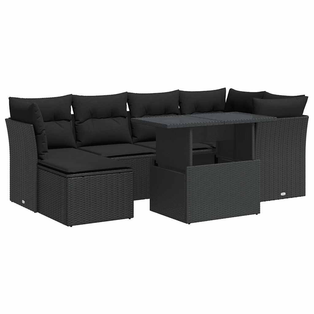vidaXL 7-tlg. Garten-Sofagarnitur mit Kissen Schwarz Poly Rattan