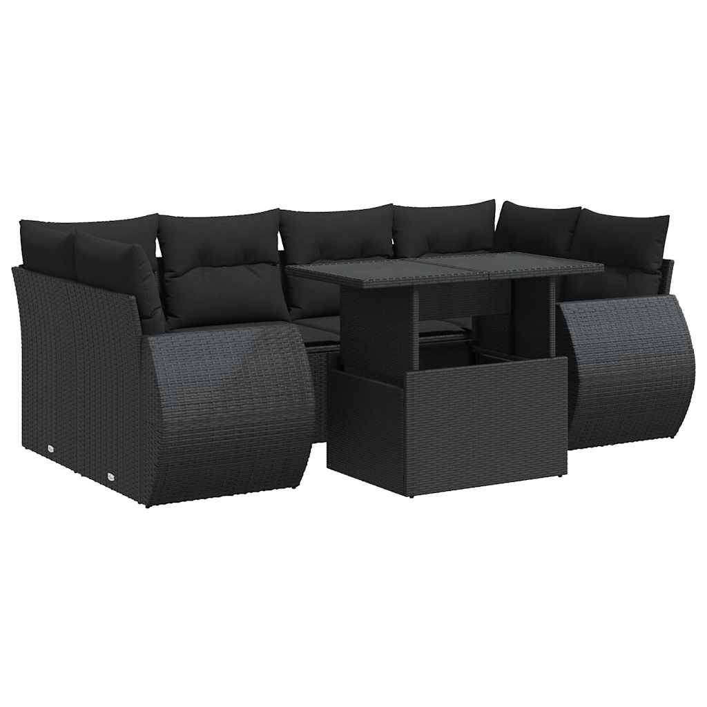 vidaXL 7-tlg. Garten-Sofagarnitur mit Kissen Schwarz Poly Rattan