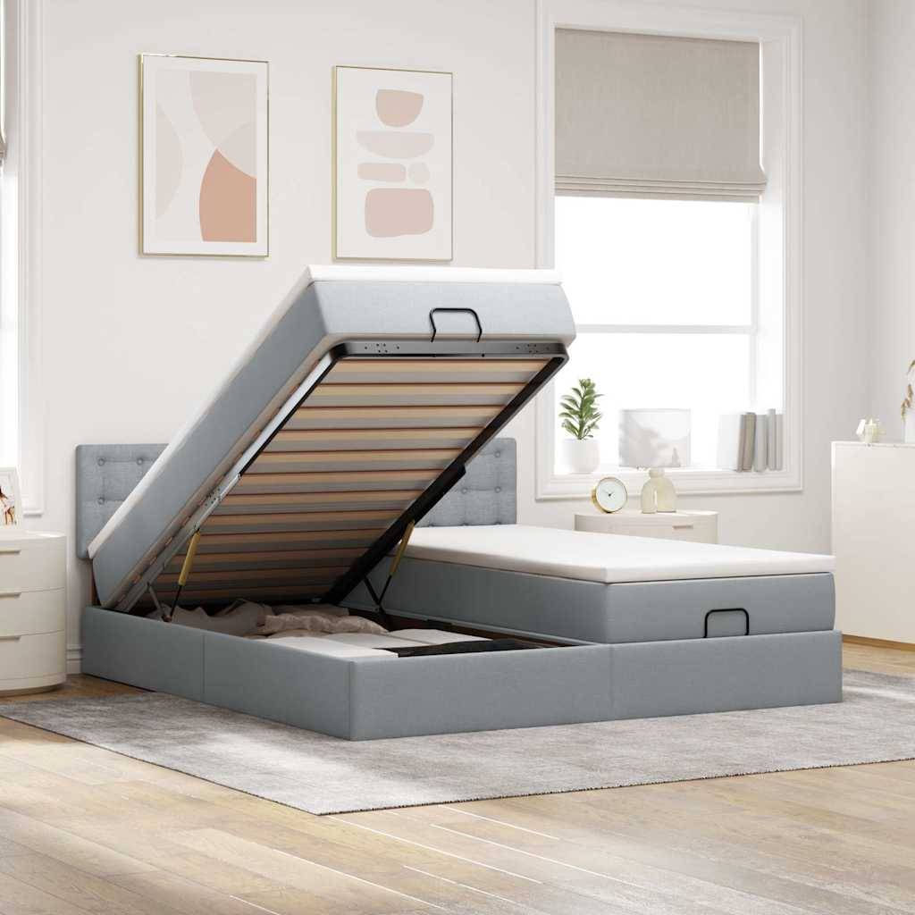 vidaXL Ottoman-Bett mit Matratzen & LEDs Hellgrau 200x200 cm Stoff