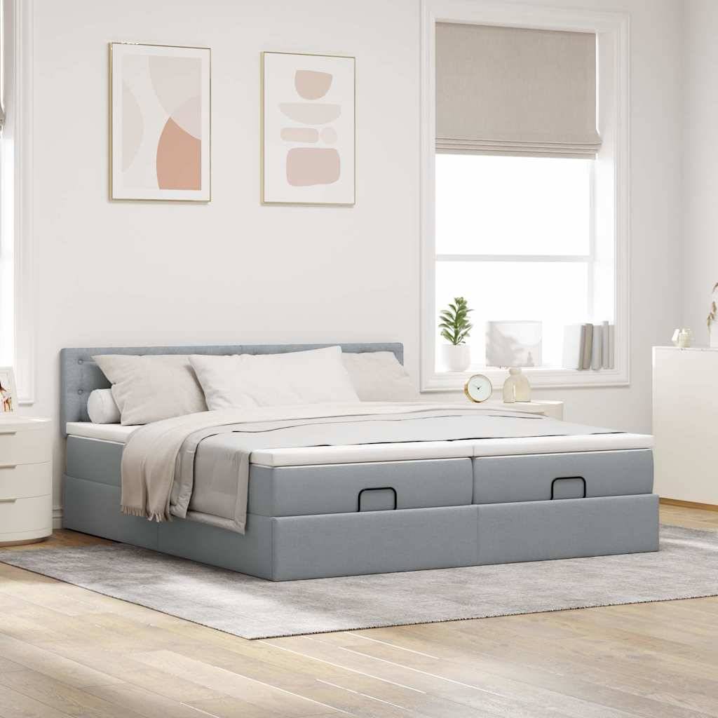 vidaXL Ottoman-Bett mit Matratzen & LEDs Hellgrau 200x200 cm Stoff