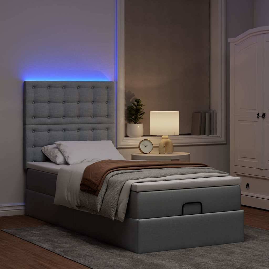 vidaXL Ottoman-Bett mit Matratze &amp; LEDs Hellgrau 100x200 cm Stoff