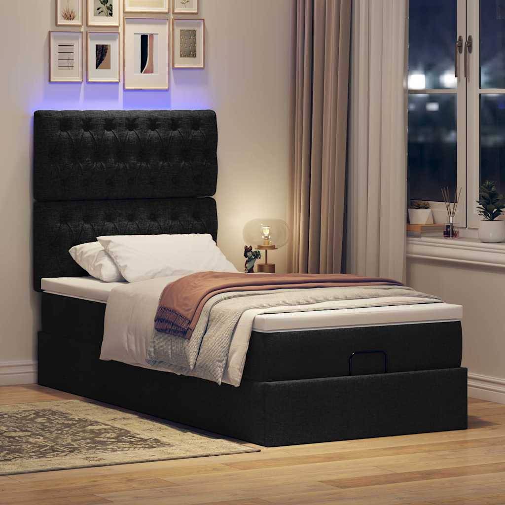 vidaXL Ottoman-Bett mit Matratze & LEDs Schwarz 90x200 cm Stoff