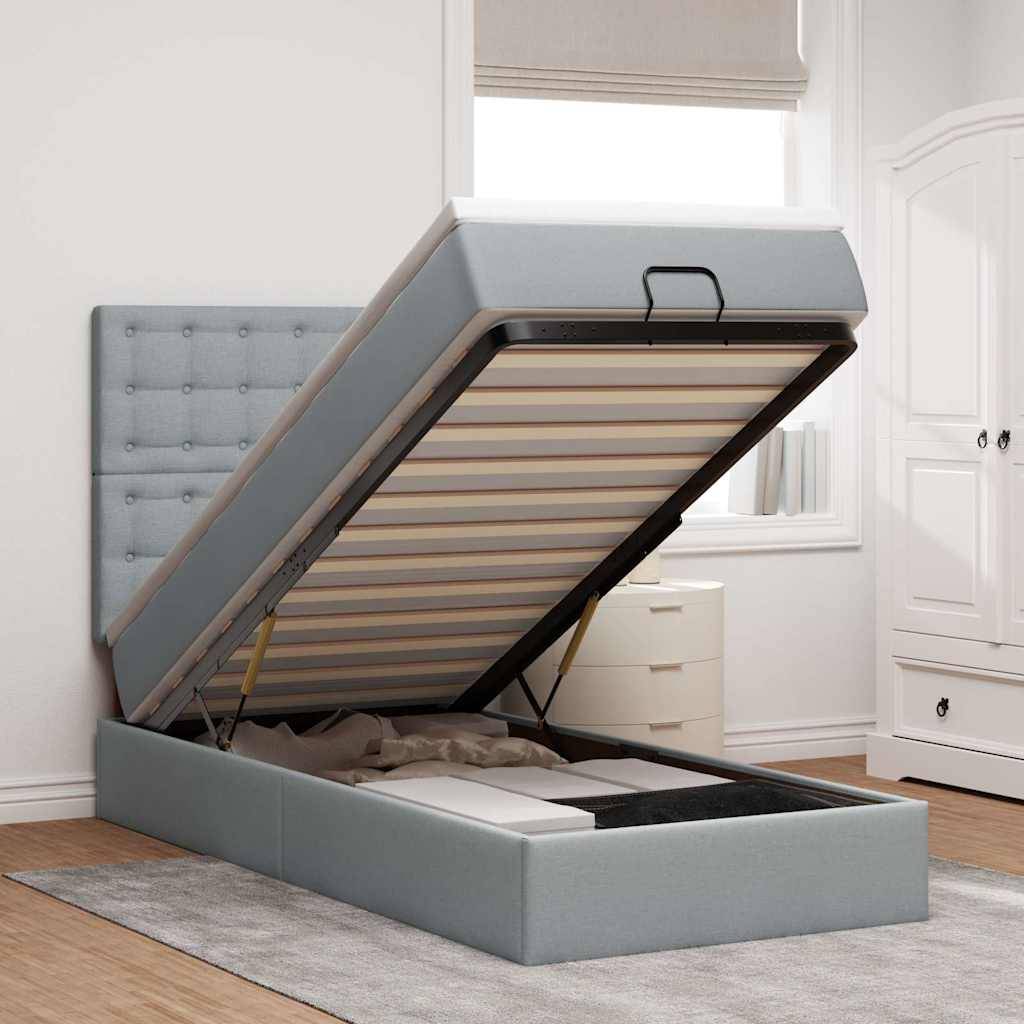 vidaXL Ottoman-Bett mit Matratze & LEDs Hellgrau 100x200 cm Stoff