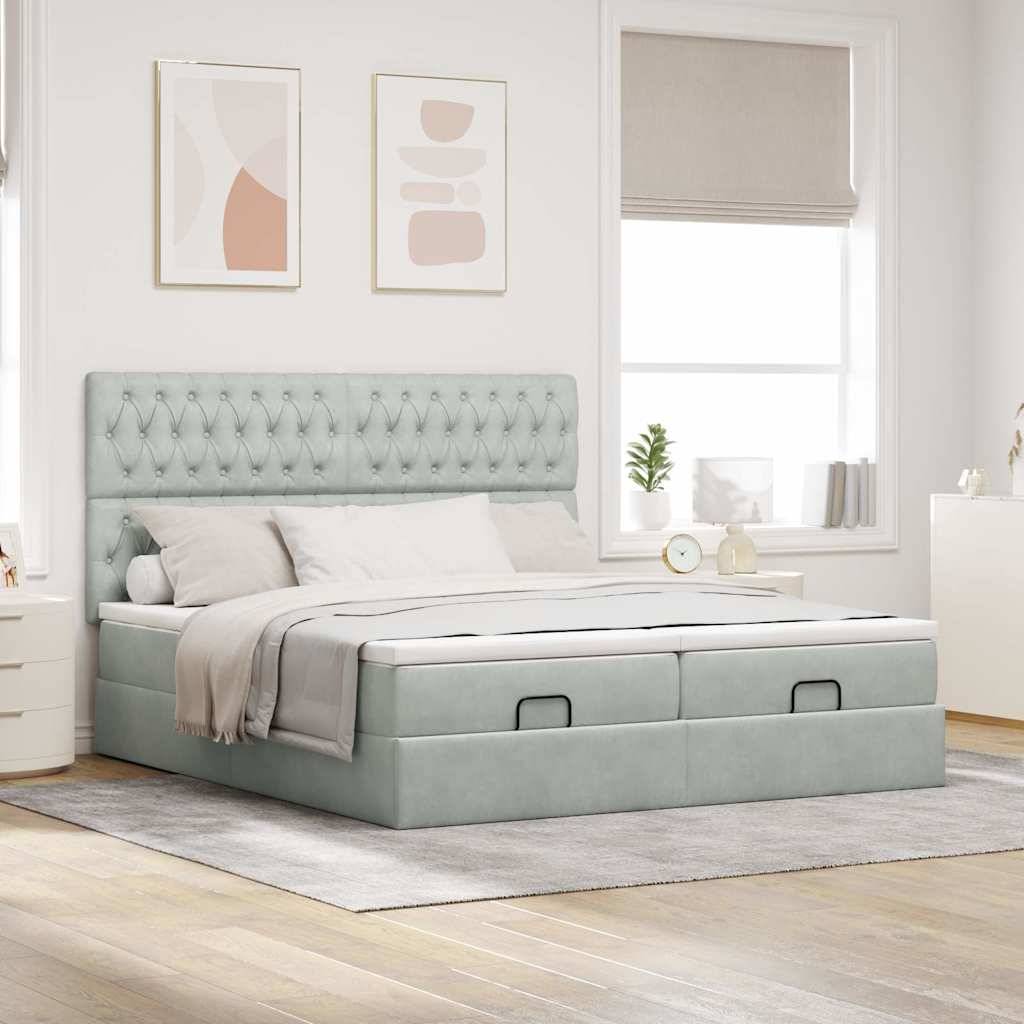 vidaXL Ottoman-Bett mit Matratzen & LEDs Hellgrau 180x200 cm Samt