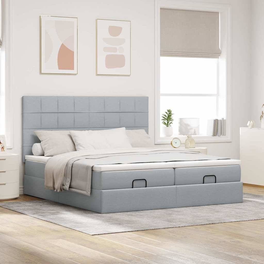 vidaXL Ottoman-Bett mit Matratzen & LEDs Hellgrau 200x200 cm Stoff