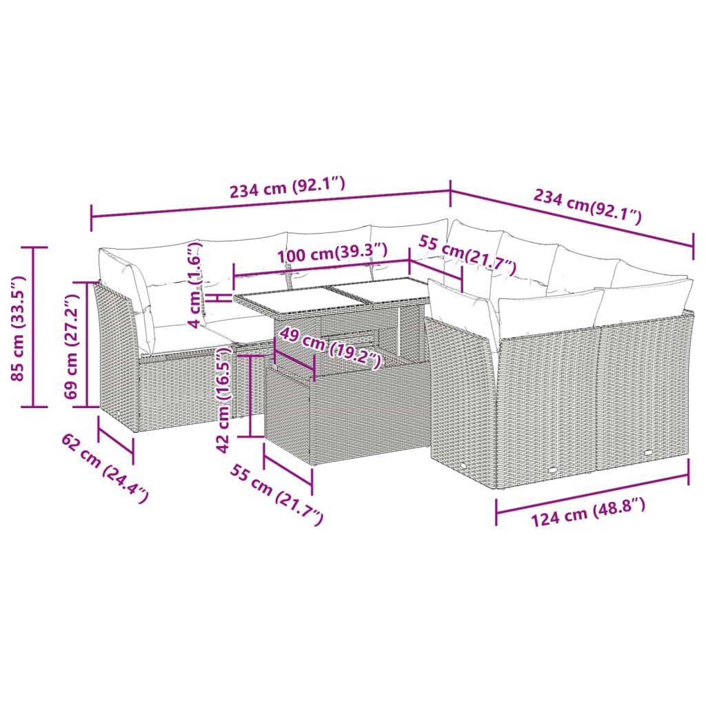 vidaXL 9-tlg. Garten-Sofagarnitur mit Kissen Schwarz Poly Rattan