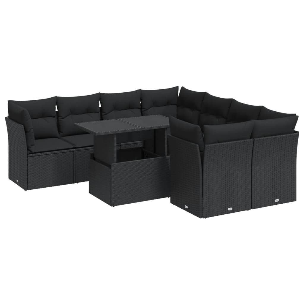 vidaXL 9-tlg. Garten-Sofagarnitur mit Kissen Schwarz Poly Rattan