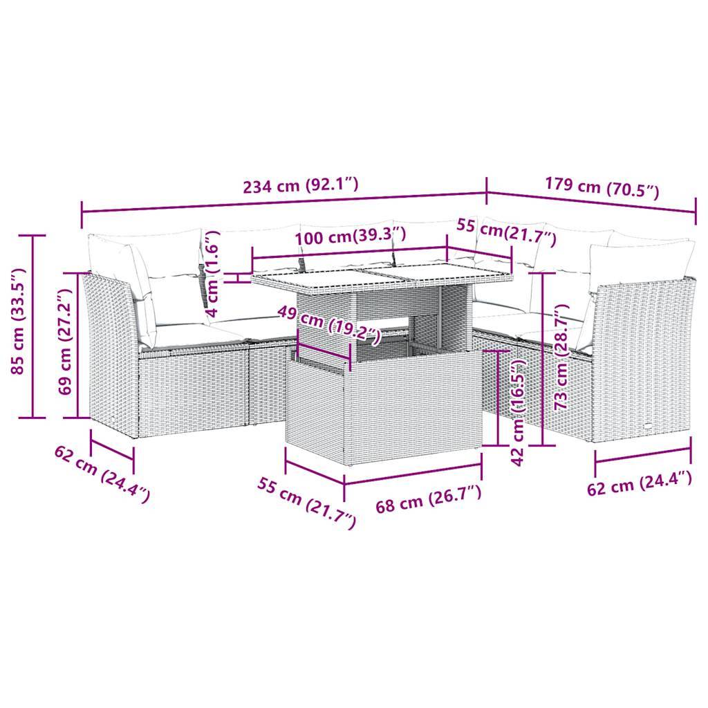 vidaXL 7-tlg. Garten-Sofagarnitur mit Kissen Schwarz Poly Rattan