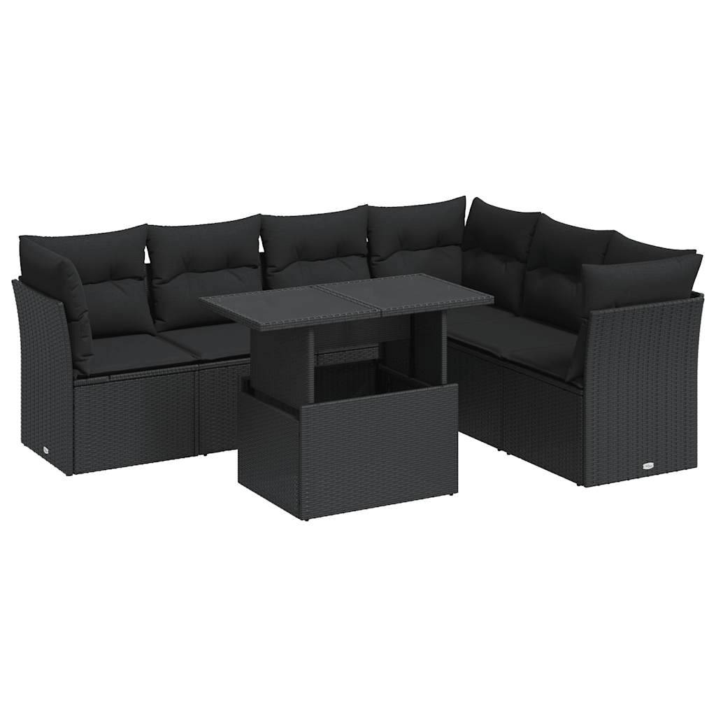 vidaXL 7-tlg. Garten-Sofagarnitur mit Kissen Schwarz Poly Rattan