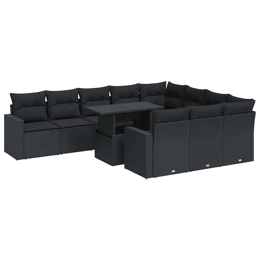 vidaXL 11-tlg. Garten-Sofagarnitur mit Kissen Schwarz Poly Rattan