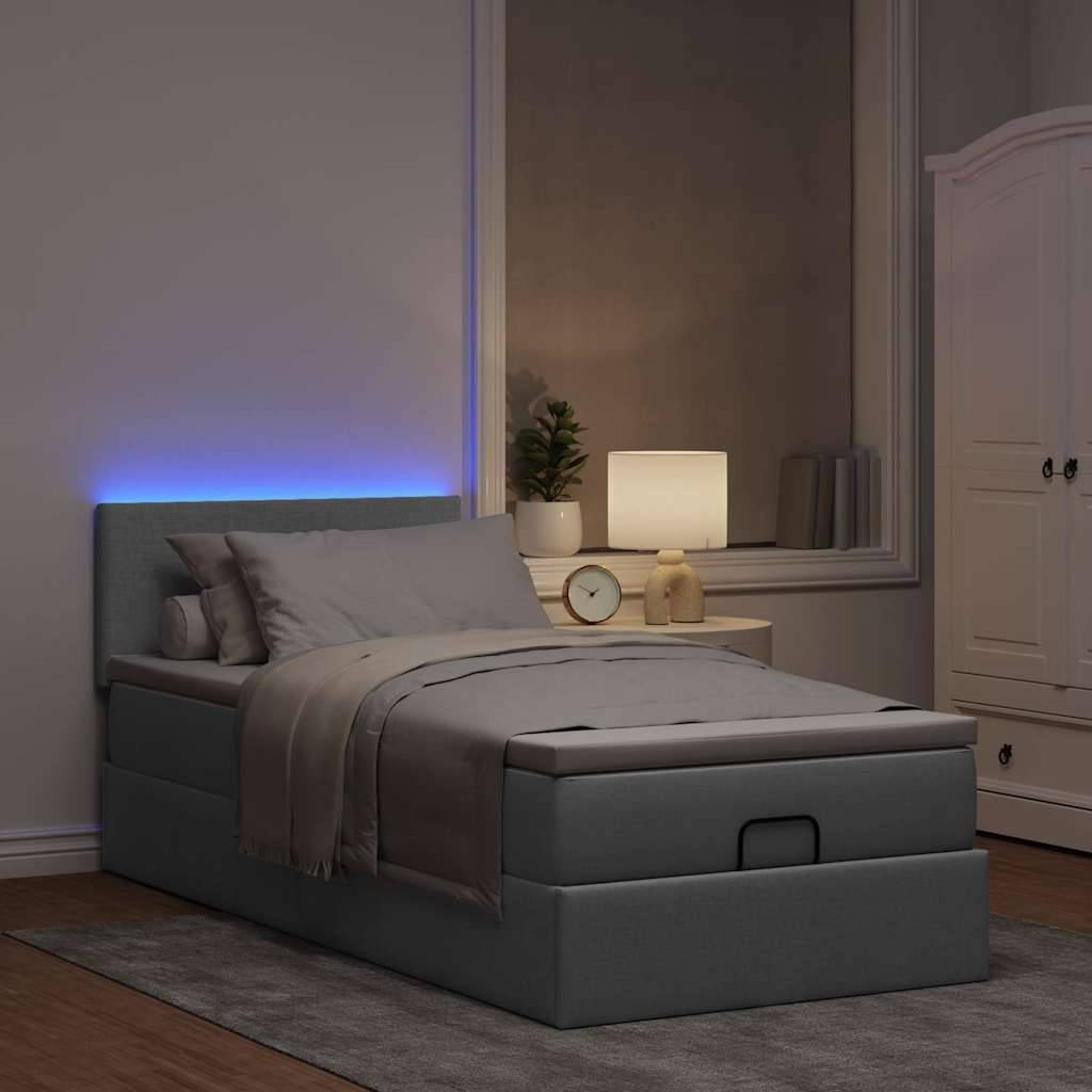 vidaXL Ottoman-Bett mit Matratze &amp; LEDs Hellgrau 90x190 cm Stoff