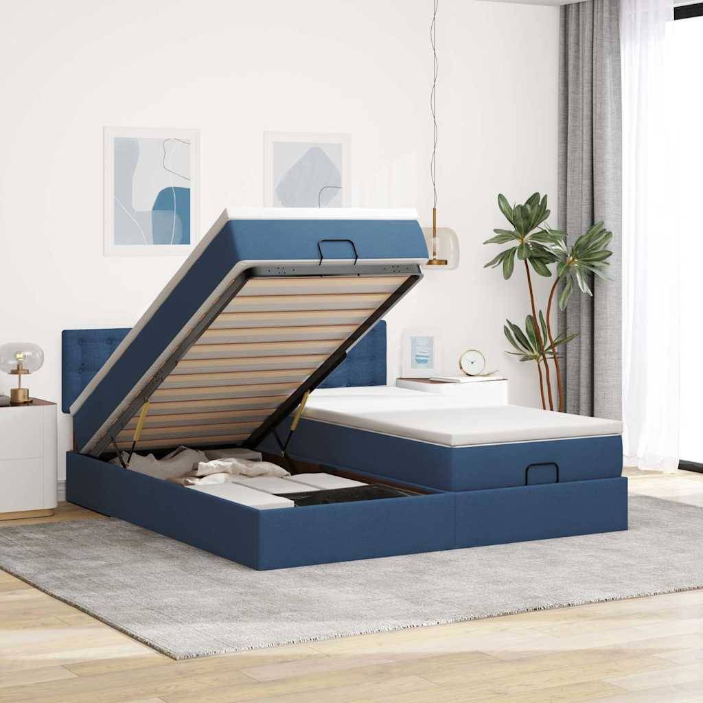 vidaXL Ottoman-Bett mit Matratzen & LEDs Blau 200x200 cm Stoff