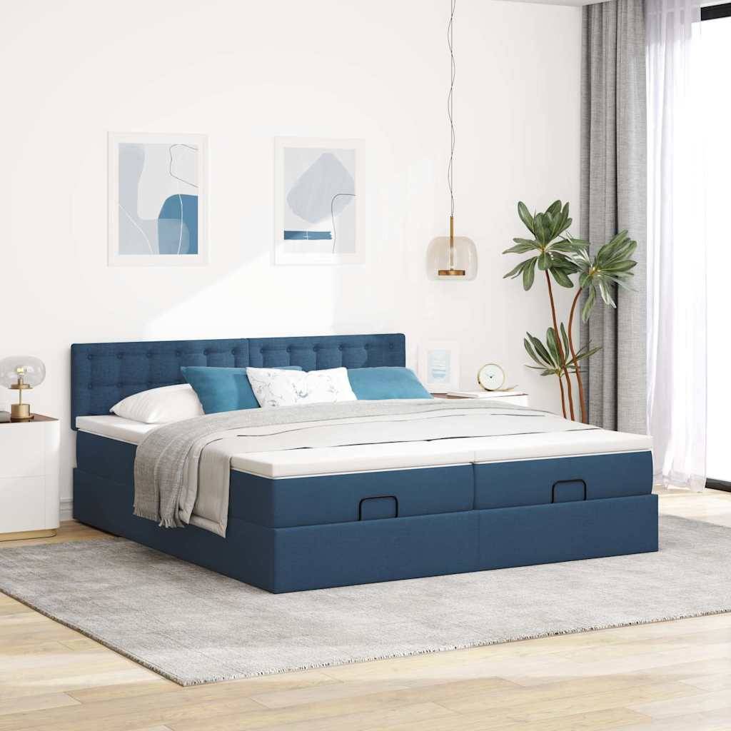 vidaXL Ottoman-Bett mit Matratzen &amp; LEDs Blau 200x200 cm Stoff