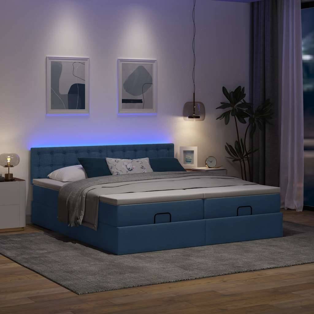 vidaXL Ottoman-Bett mit Matratzen &amp; LEDs Blau 200x200 cm Stoff