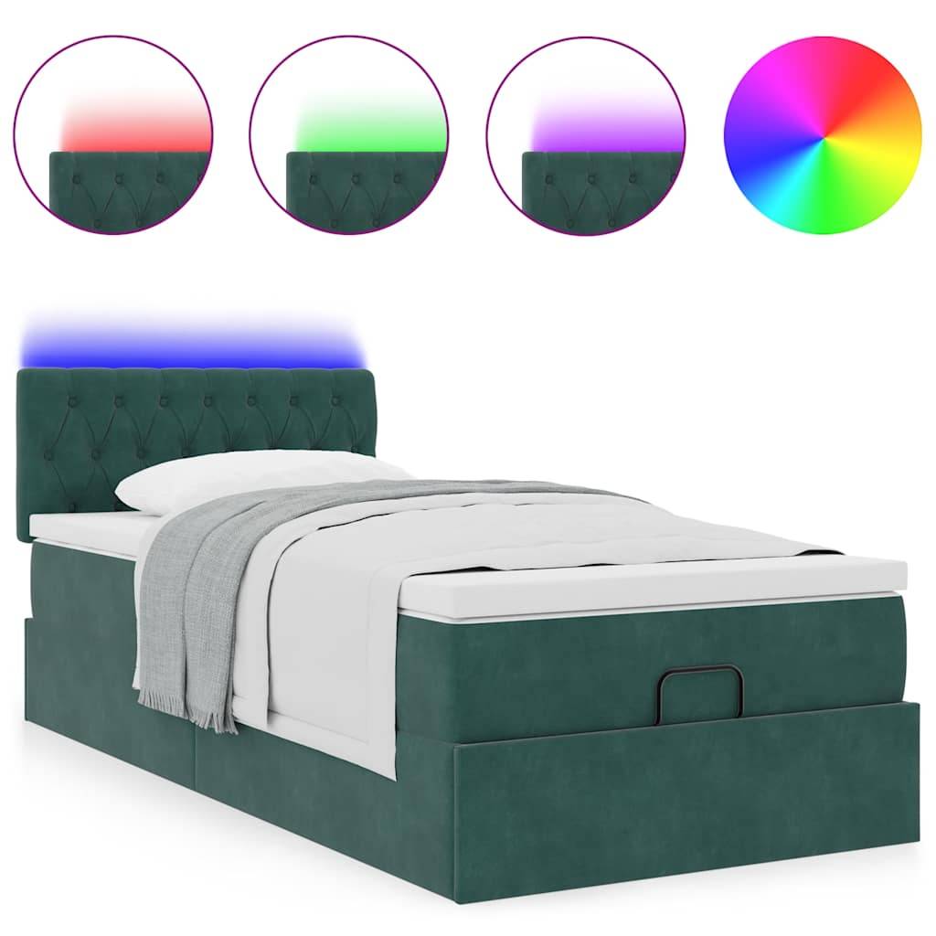 vidaXL Ottoman-Bett mit Matratze & LEDs Dunkelgrün 90x190 cm Samt