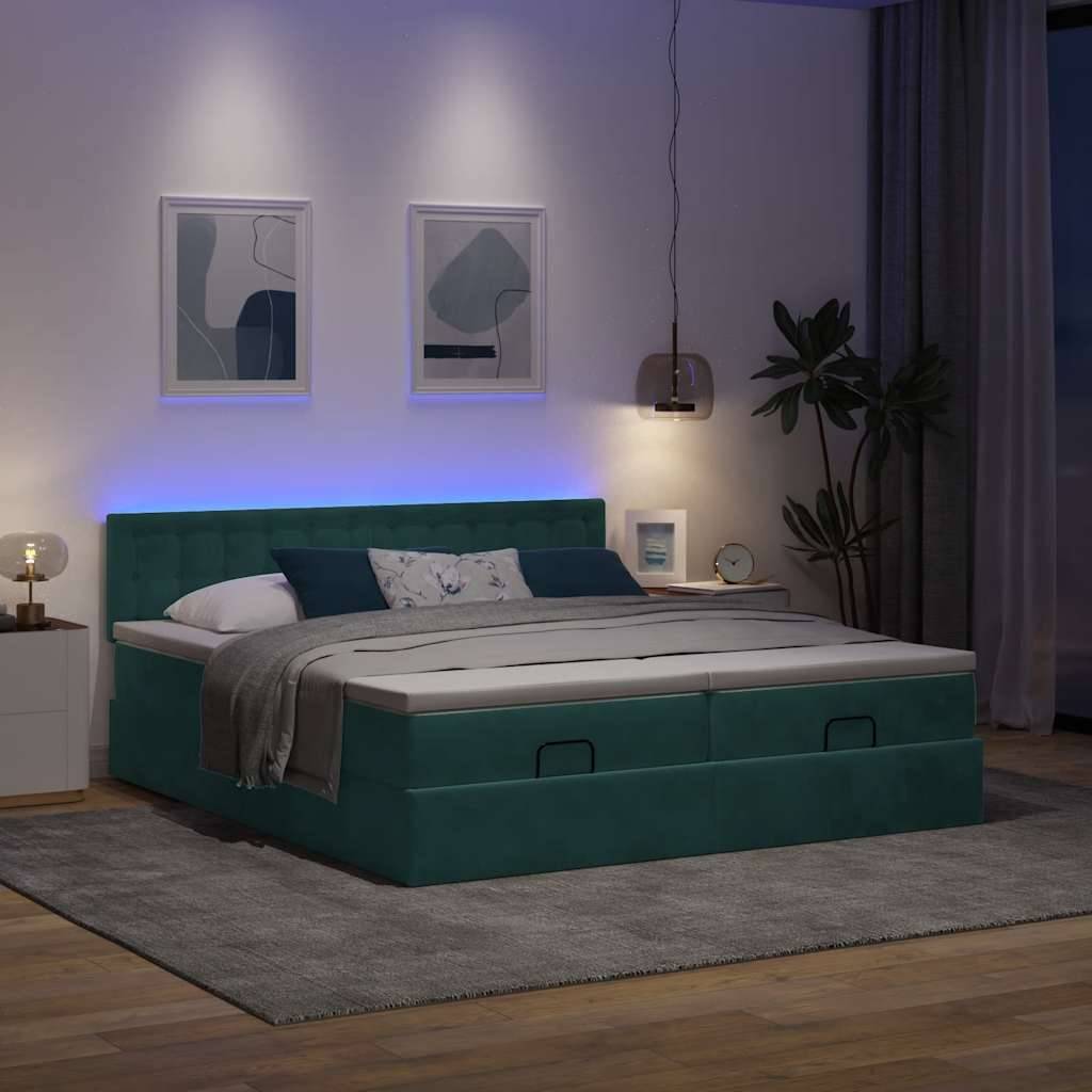 vidaXL Ottoman-Bett mit Matratzen & LEDs Dunkelgrün 180x200 cm Samt