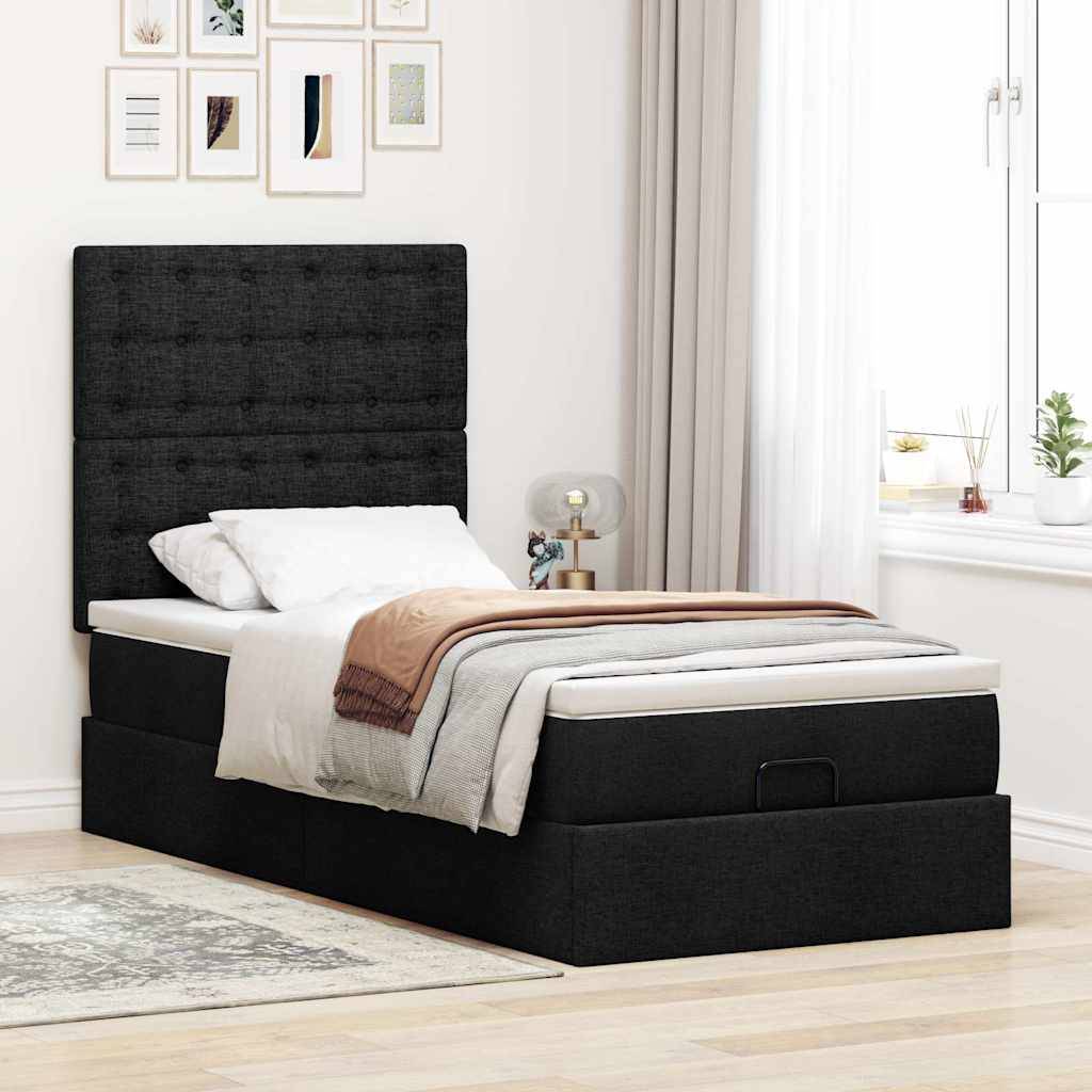 vidaXL Ottoman-Bett mit Matratze &amp; LEDs Schwarz 90x190 cm Stoff