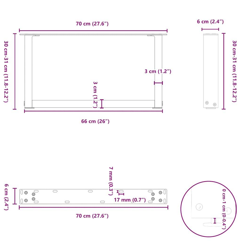 vidaXL Couchtischbeine U-Form 2 Stk. Schwarz 70x(30-31) cm Stahl