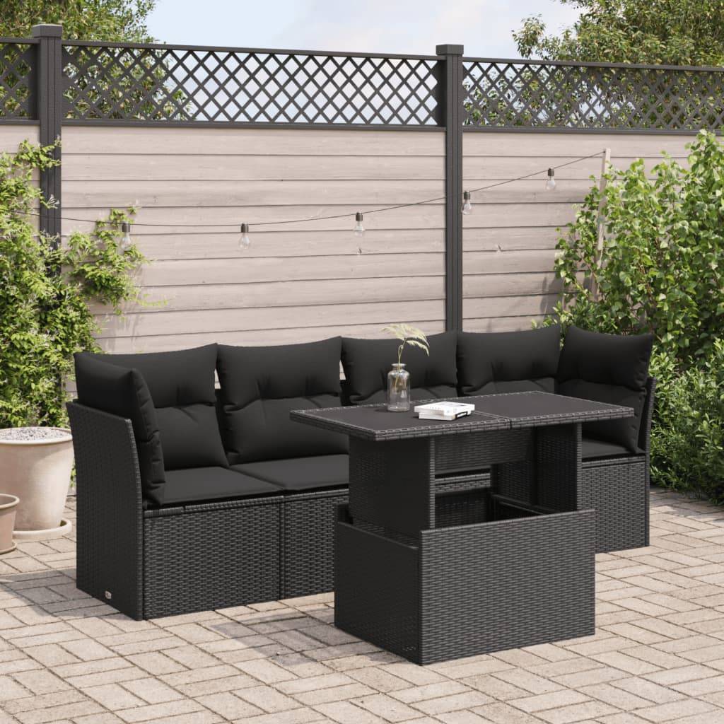 vidaXL 5-tlg. Garten-Sofagarnitur mit Kissen Schwarz Poly Rattan