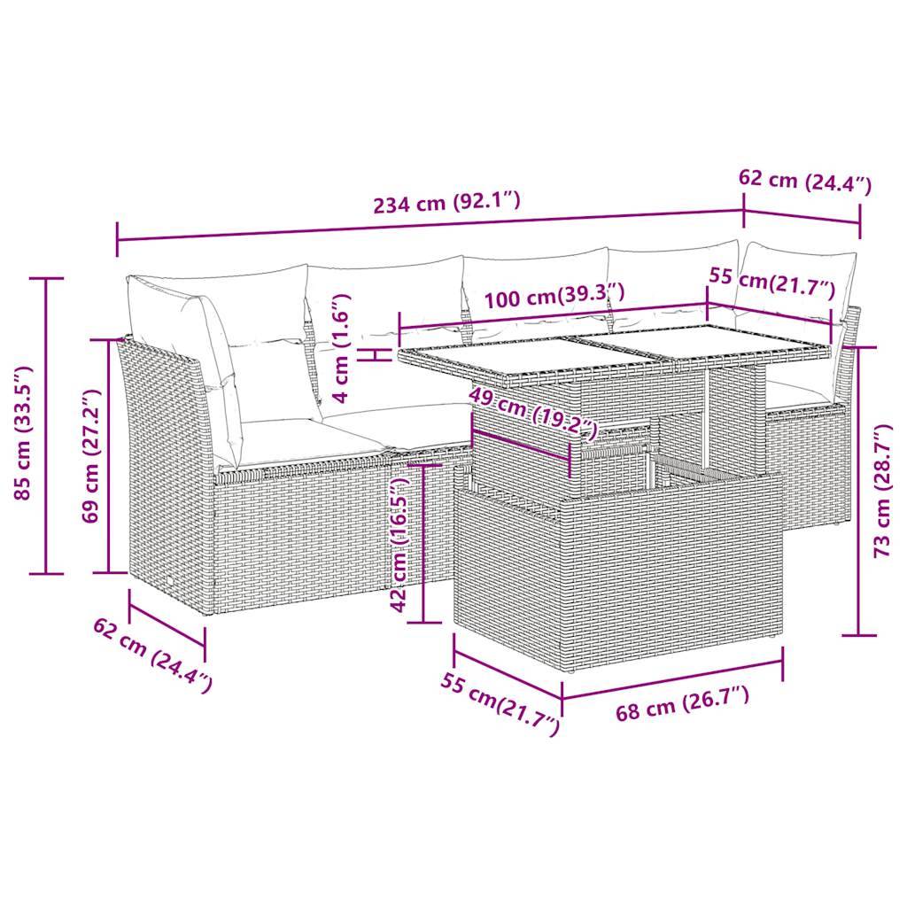 vidaXL 5-tlg. Garten-Sofagarnitur mit Kissen Schwarz Poly Rattan