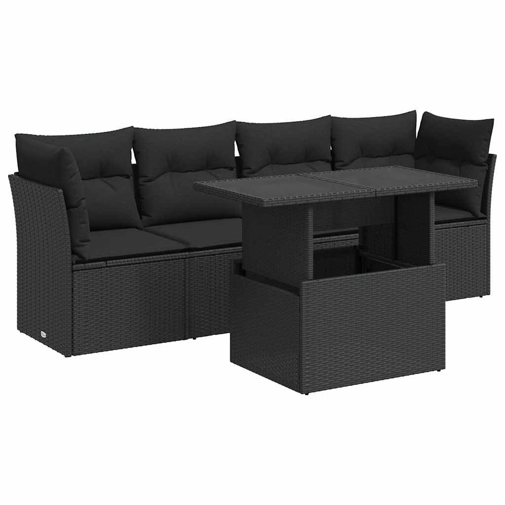 vidaXL 5-tlg. Garten-Sofagarnitur mit Kissen Schwarz Poly Rattan