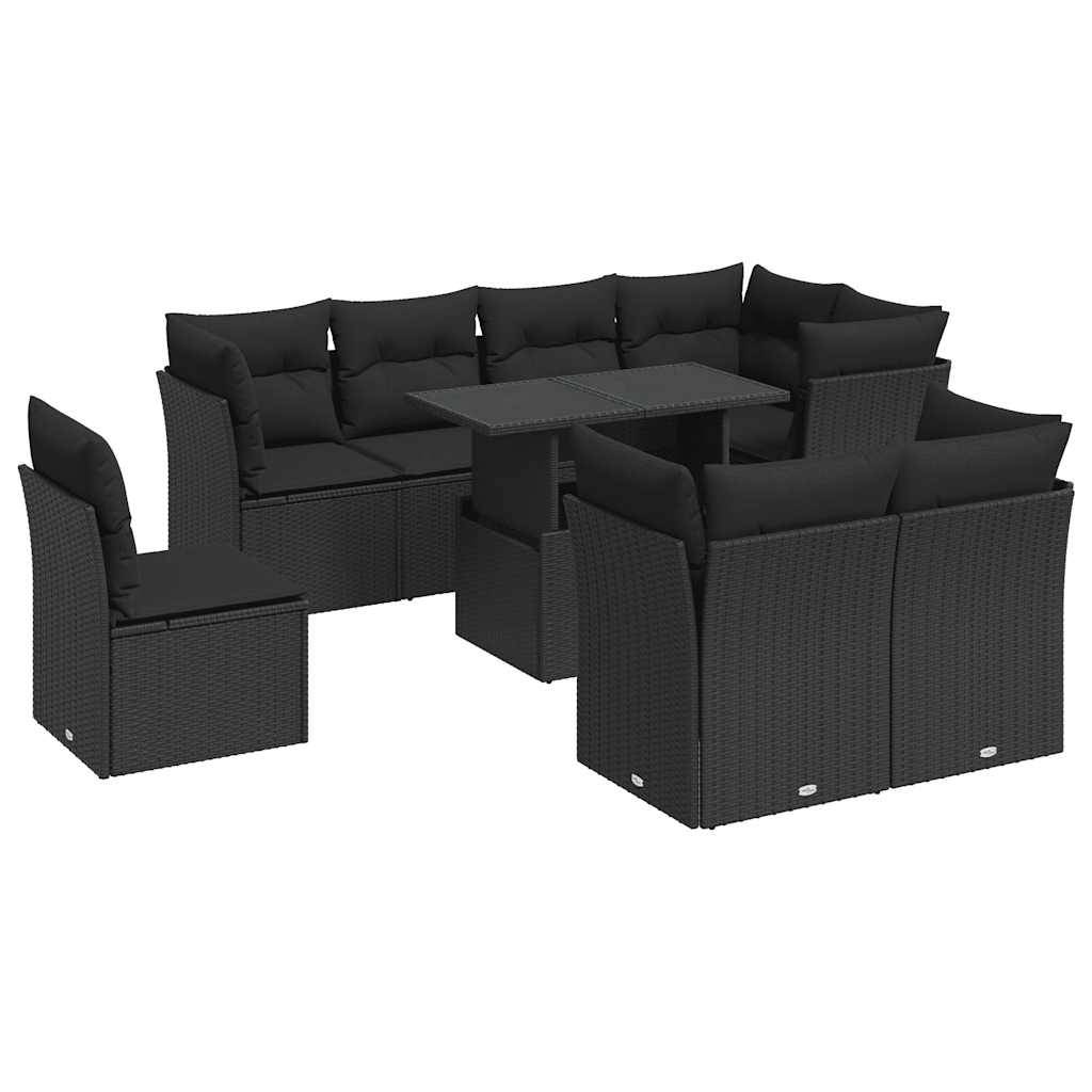 vidaXL 9-tlg. Garten-Sofagarnitur mit Kissen Schwarz Poly Rattan