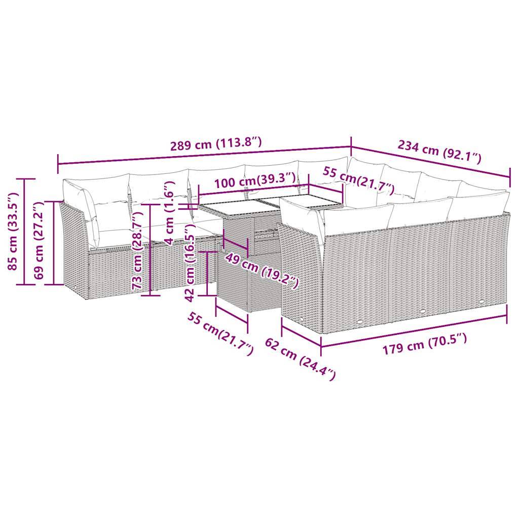 vidaXL 11-tlg. Garten-Sofagarnitur mit Kissen Schwarz Poly Rattan