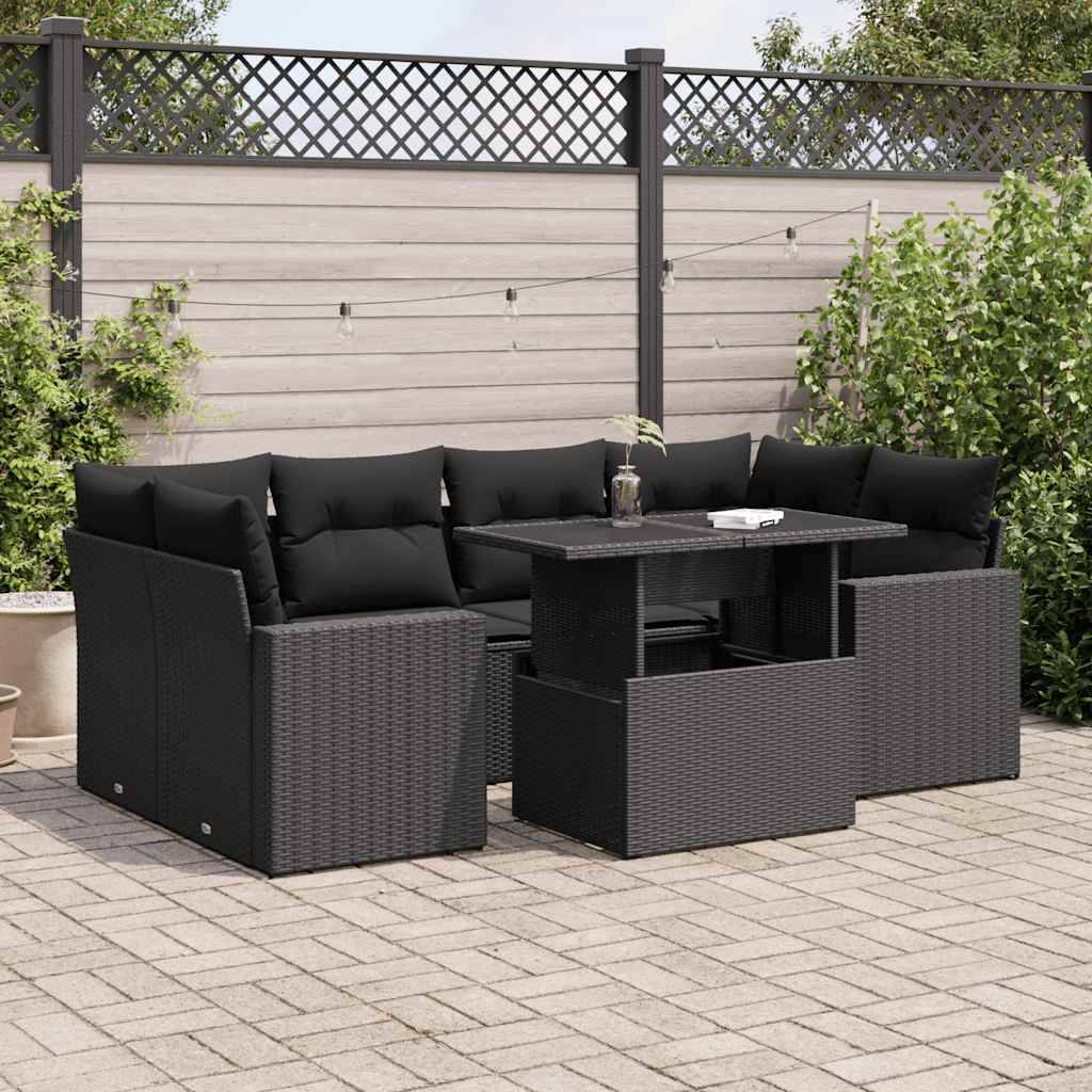 vidaXL 7-tlg. Garten-Sofagarnitur mit Kissen Schwarz Poly Rattan