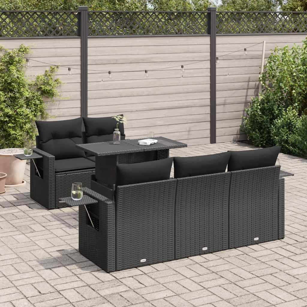 vidaXL 6-tlg. Garten-Sofagarnitur mit Kissen Schwarz Poly Rattan