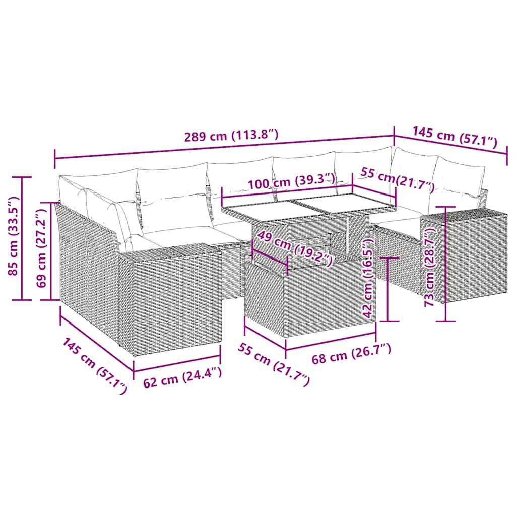 vidaXL 8-tlg. Garten-Sofagarnitur mit Kissen Schwarz Poly Rattan
