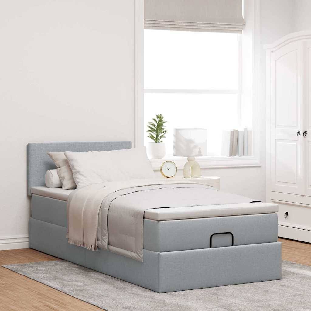 vidaXL Ottoman-Bett mit Matratze &amp; LEDs Hellgrau 90x190 cm Stoff