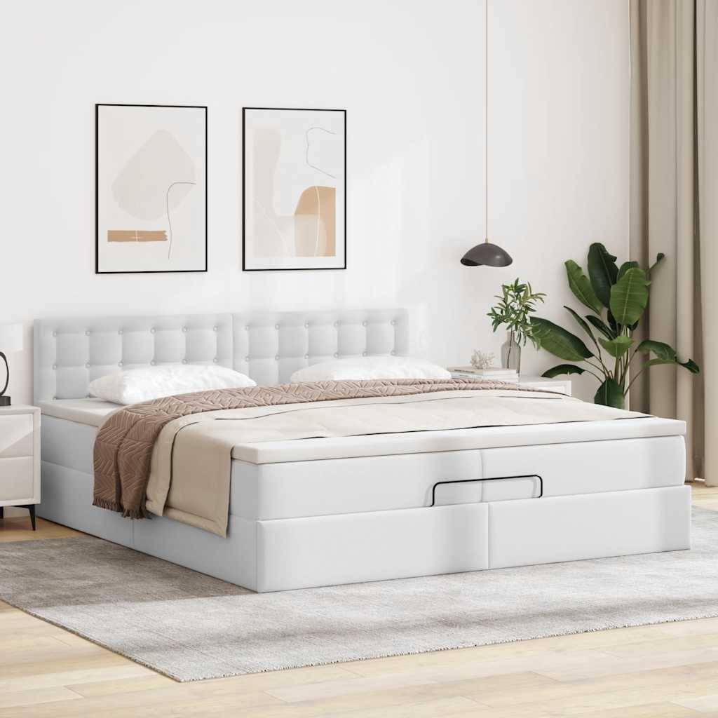 vidaXL Ottoman-Bett mit Matratzen &amp; LEDs Reinweiß 200x200cm Kunstleder