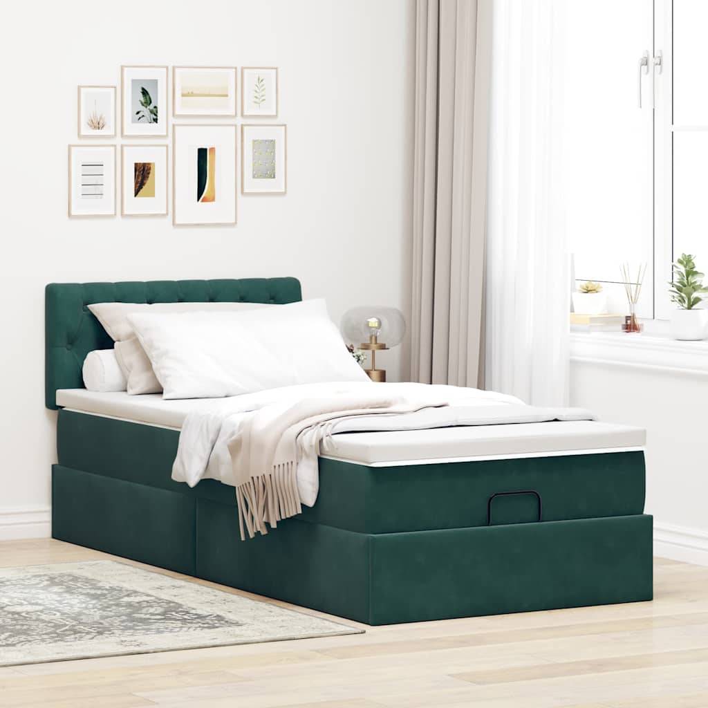 vidaXL Ottoman-Bett mit Matratze & LEDs Dunkelgrün 100x200 cm Samt