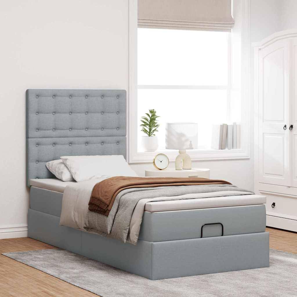 vidaXL Ottoman-Bett mit Matratze &amp; LEDs Hellgrau 100x200 cm Stoff