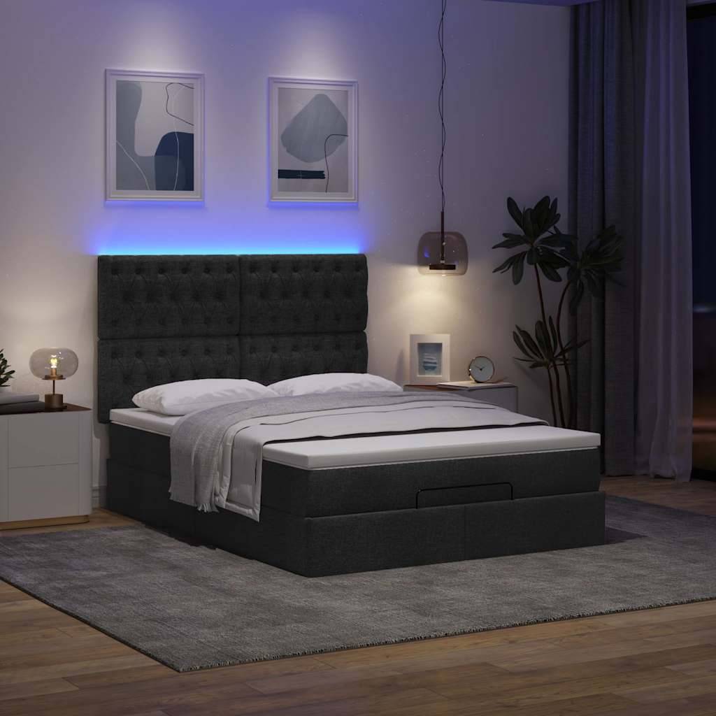 vidaXL Ottoman-Bett mit Matratze & LEDs Schwarz 140x200 cm Stoff