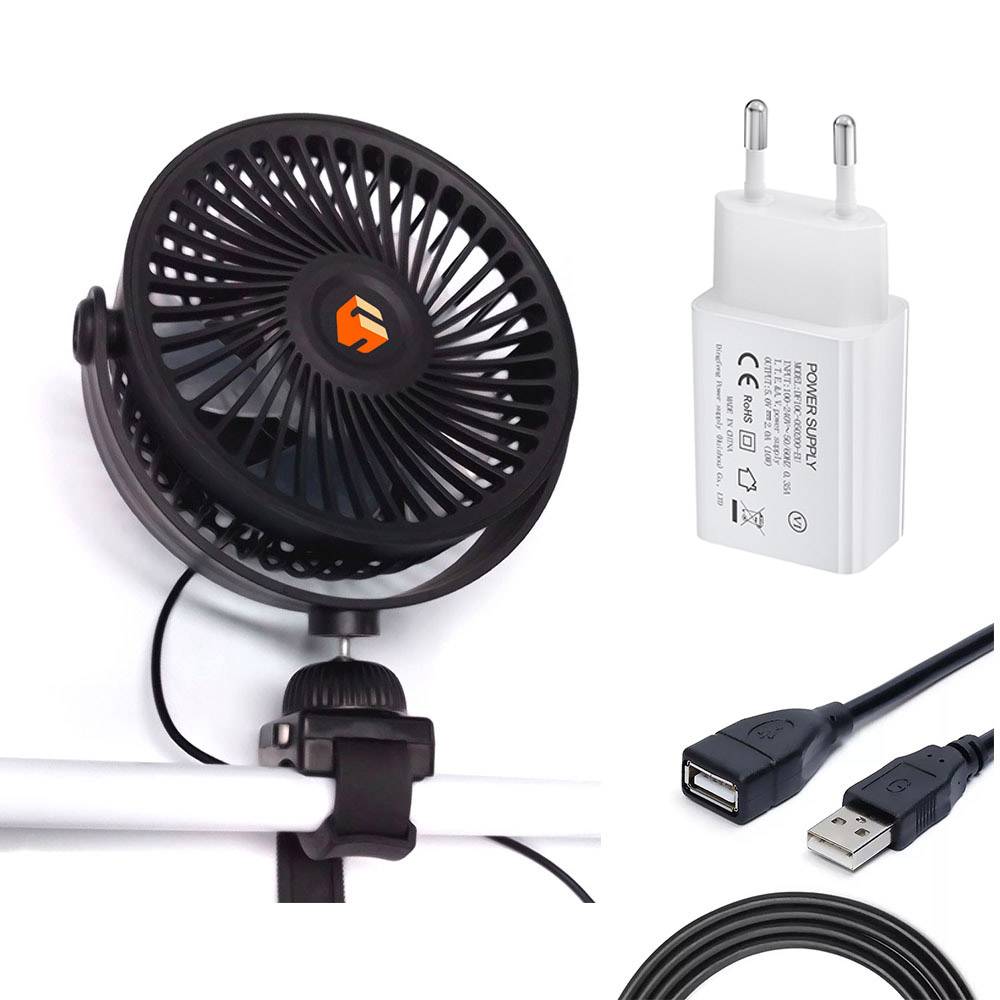 5-Zoll Ventilatorkopf Ventilator 360° Rotation Fan, mit Dual USB Charger Ladegerät Adapter&1,5m USB Verlängerungskabel