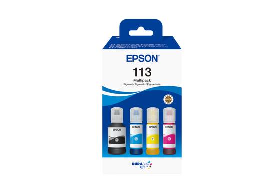 Epson 113 Multipack-Tintenpatronenschachtel mit schwarzen, cyan-, gelben und magentafarbenen Flaschen auf der Vorderseite dargestellt.