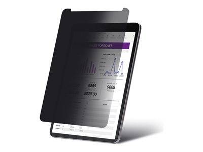Tablet mit einer Umsatzprognose, auf dem Balken- und Liniendiagramme dargestellt sind. Ein Sichtschutzfilter verdeckt den Inhalt teilweise von der Seite, um die Vertraulichkeit der Daten zu gewährleisten.